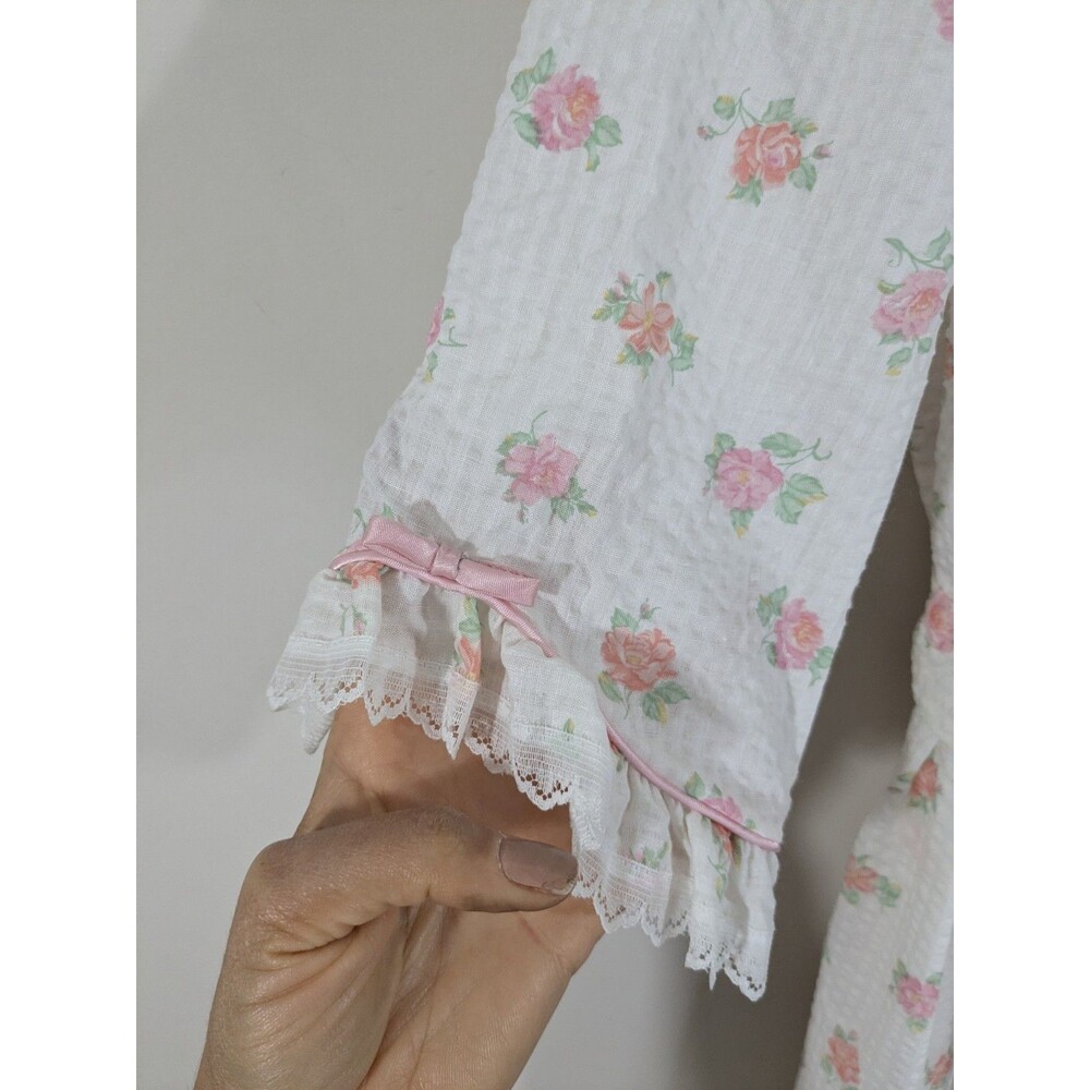 Vintage Miss Elaine Seersucker Robe Floral Ruffles Bows 3/4 Sleeve Union Made S - Picture 5 of 9